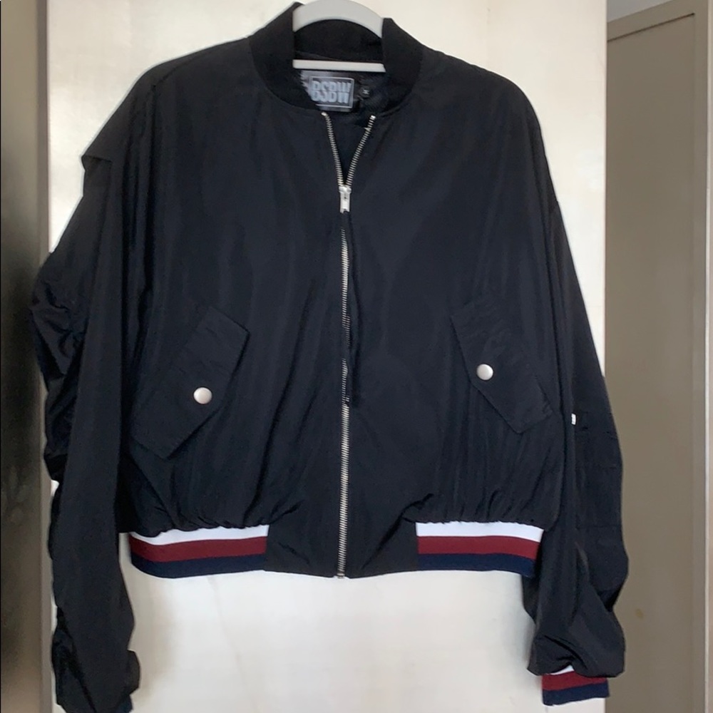 Black bomber nylon jacket with ruching detail